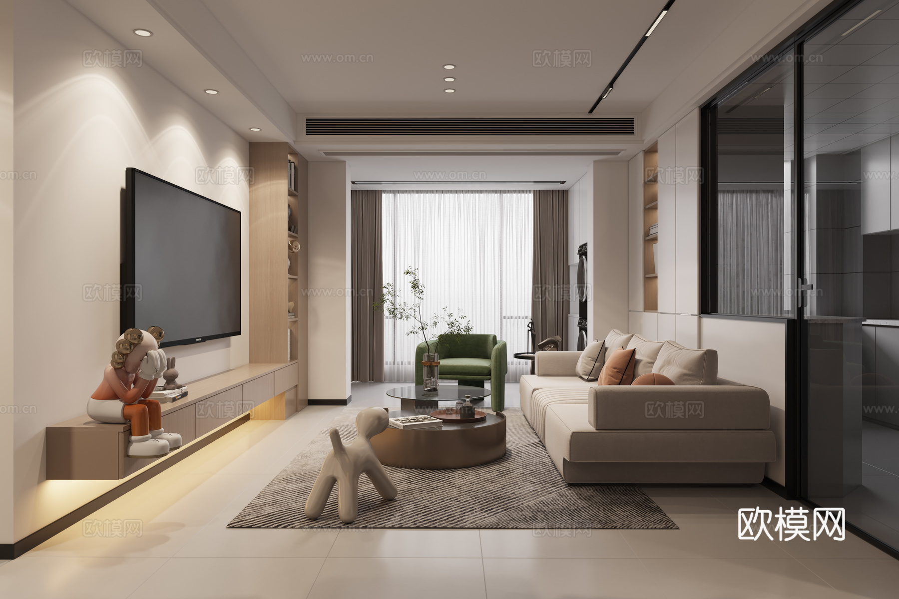 奶油风客餐厅3d模型下载（渲染图2）