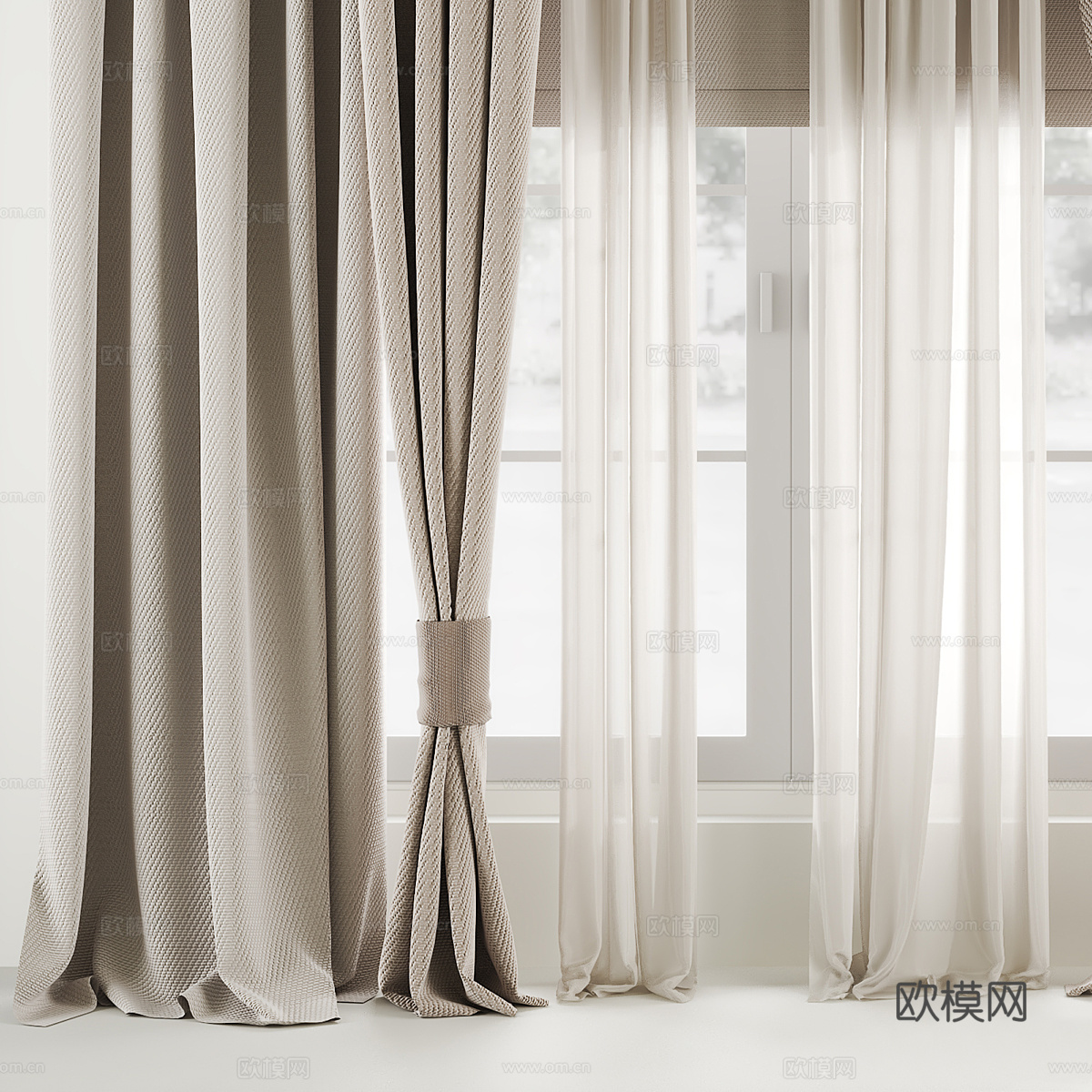 新中式丝绸棉麻布艺窗帘3d模型下载（渲染图2）