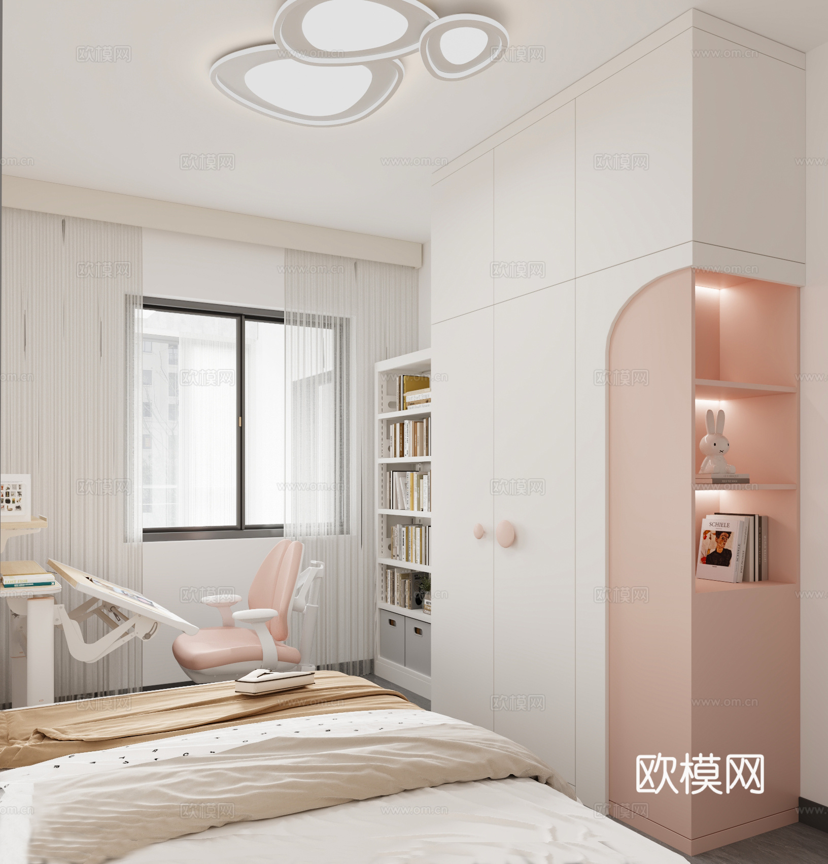 现代儿童卧室 粉色卧室 女儿房3d模型下载（渲染图1）