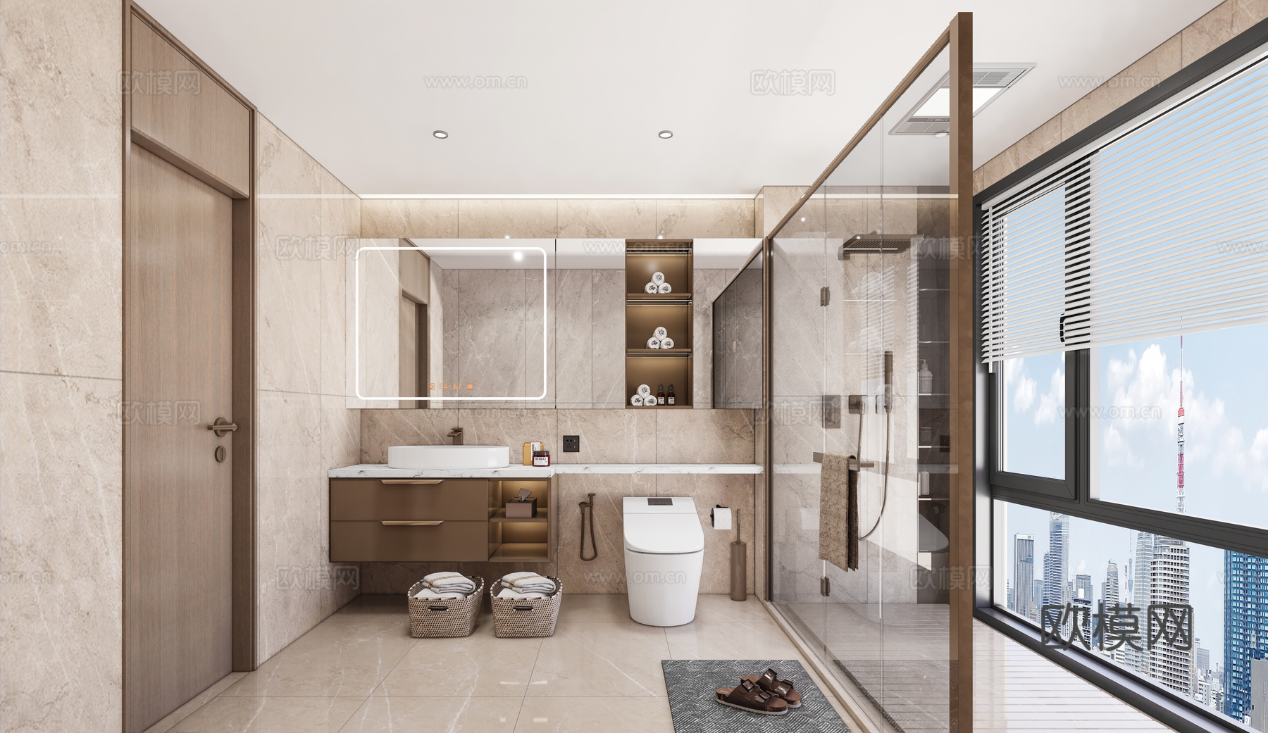 现代卫生间_干湿分离卫生间_淋裕_马桶_洗手台su模型