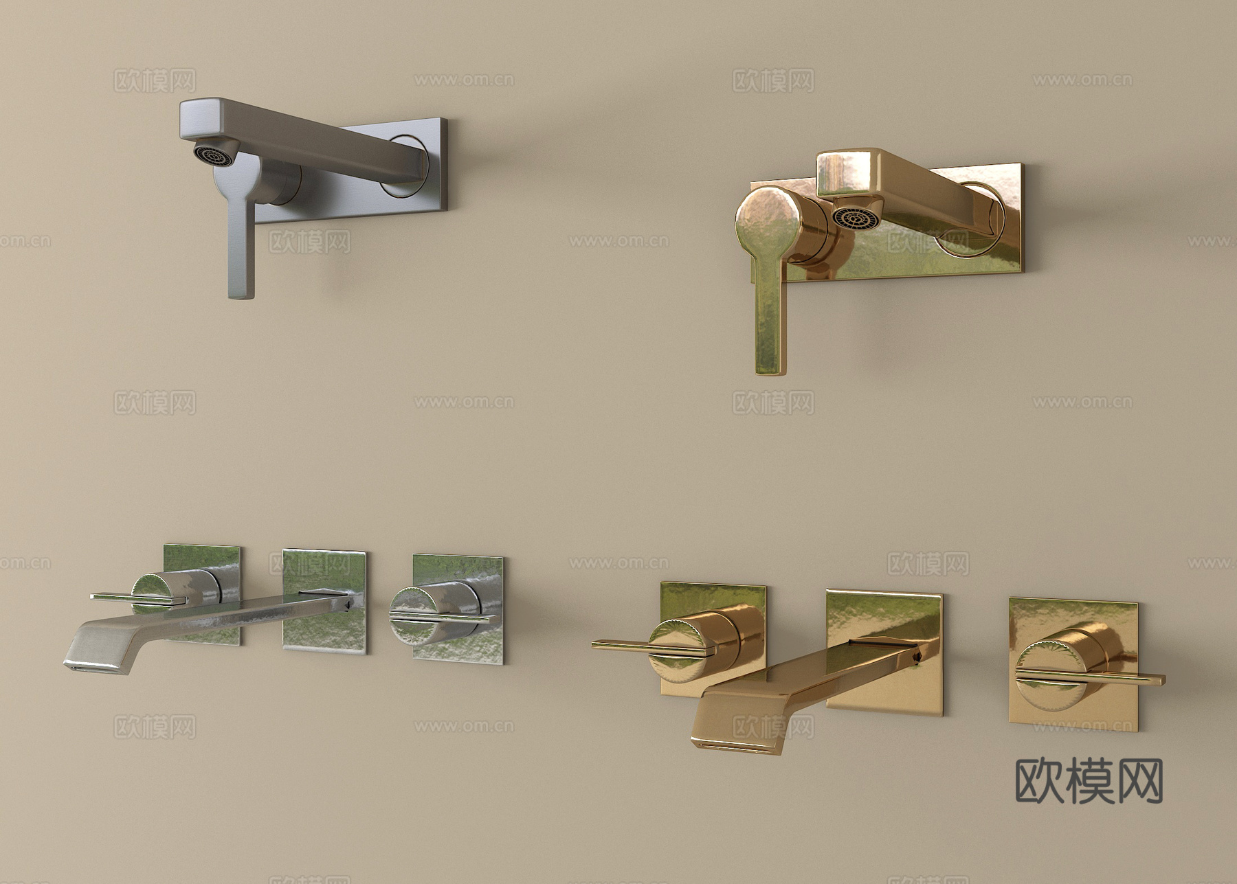 现代水龙头组合 不锈钢水龙头 墙出su模型