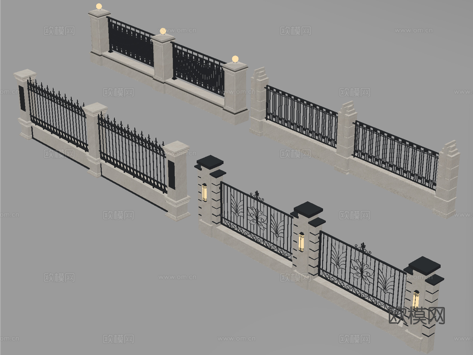 现代围墙 景墙 小区围墙 铁艺围栏su模型