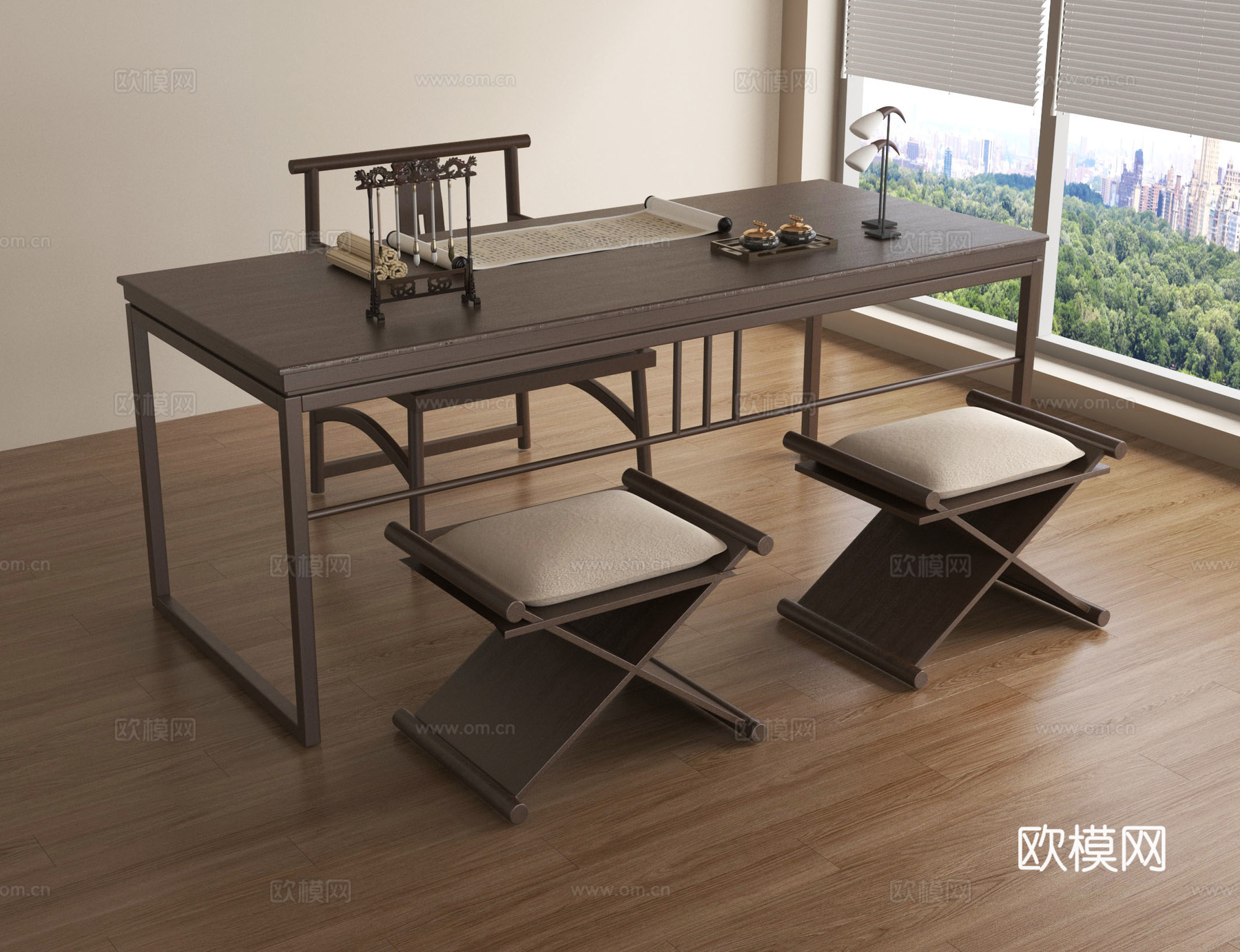 新中式办公桌椅组合 书桌椅su模型