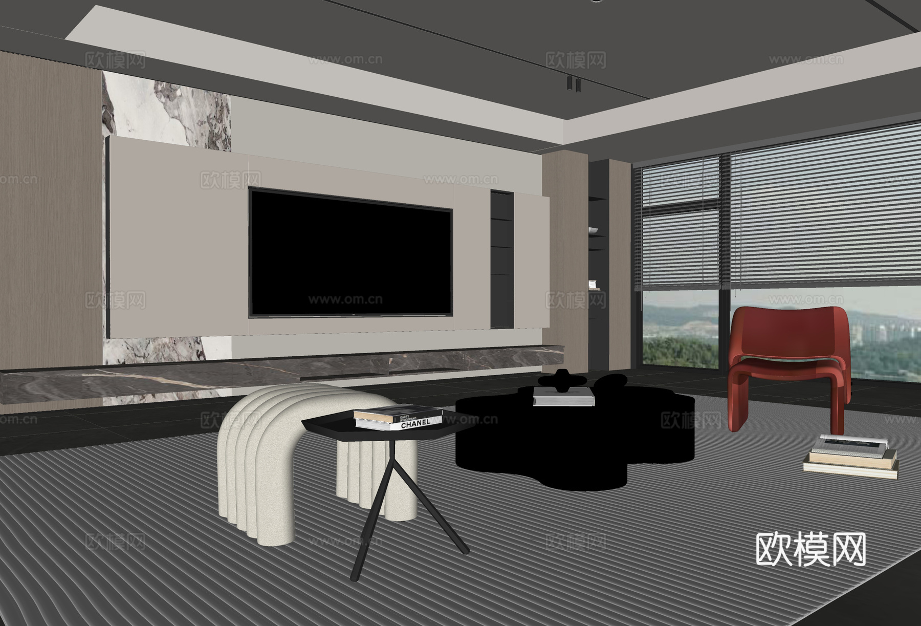 意式客厅 现代客厅 电视背景墙 电视柜 客厅背景 沙发茶几组su模型