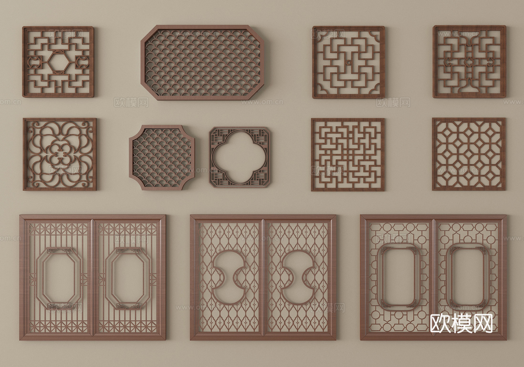 新中式镂花窗 雕花窗户 花格木窗 园林花窗 镂空花格窗su模型