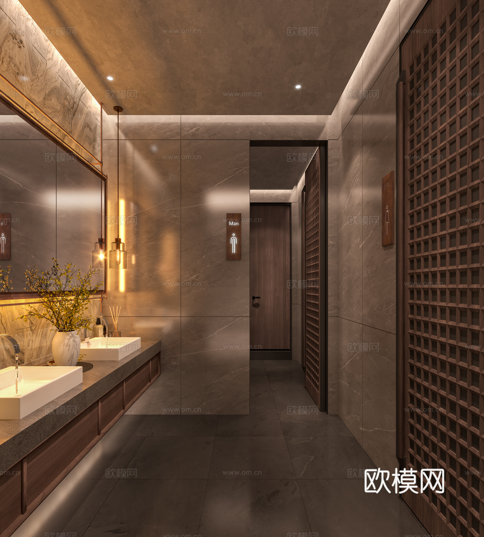 新中式卫生间 中古风  宋式美学 复古装饰镜  悬挑洗手台su模型