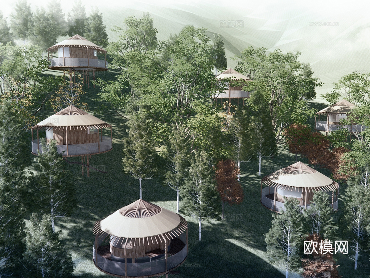 现代山地木屋酒店 圆形度假民宿su模型