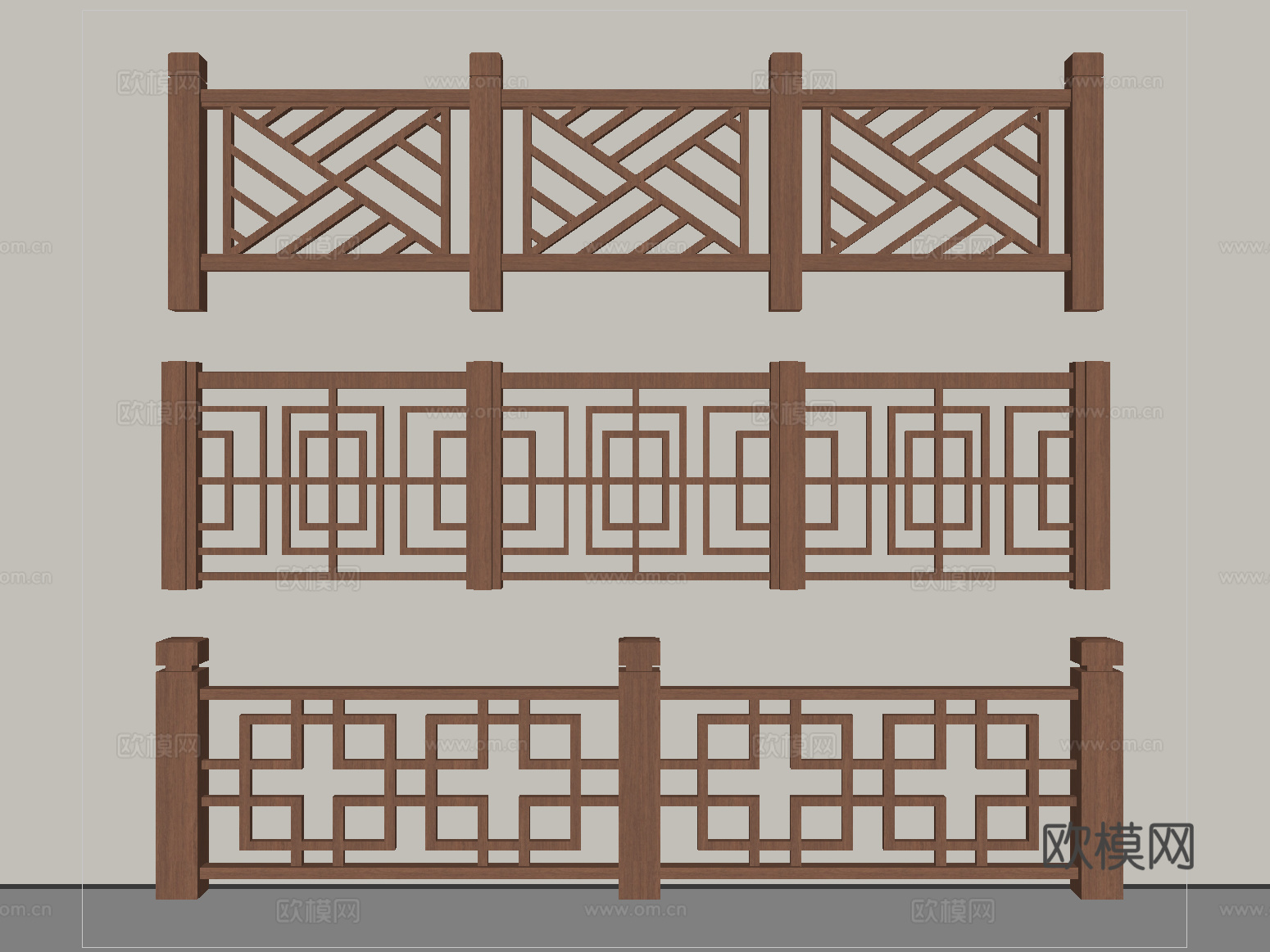 新中式栏杆护栏 栅栏围栏 实木围栏护栏 扶手su模型