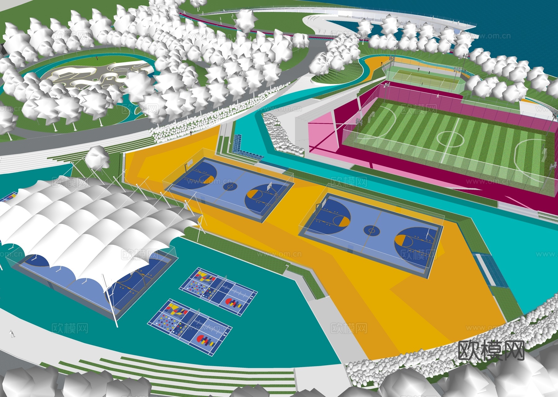 现代体育公园 足球场 滑板场地su模型