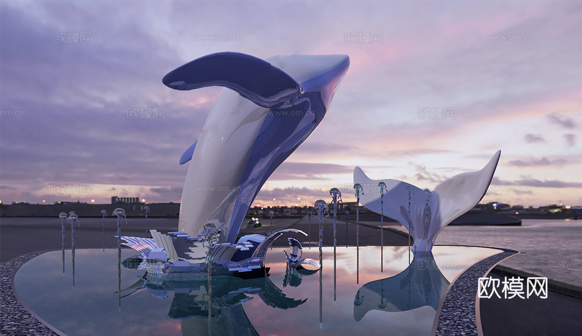 现代鲸鱼水景雕塑小品 有水景su模型