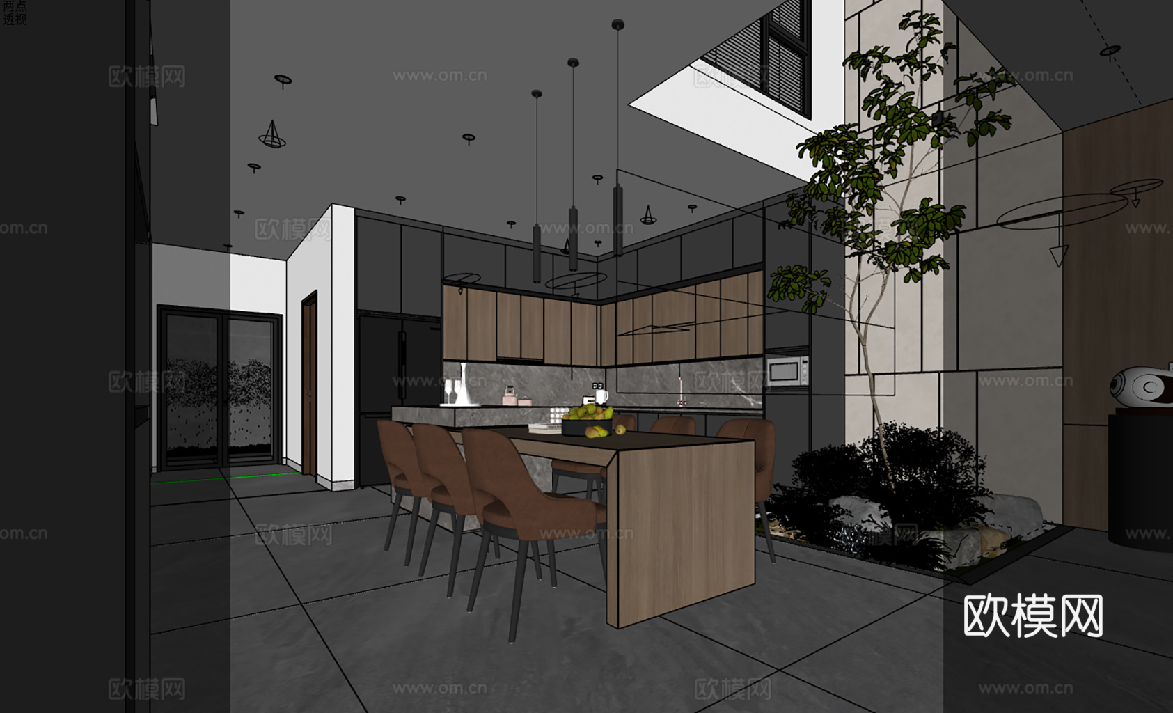 现代简约客厅全案 开放式客餐厨一体 大平层豪宅su模型