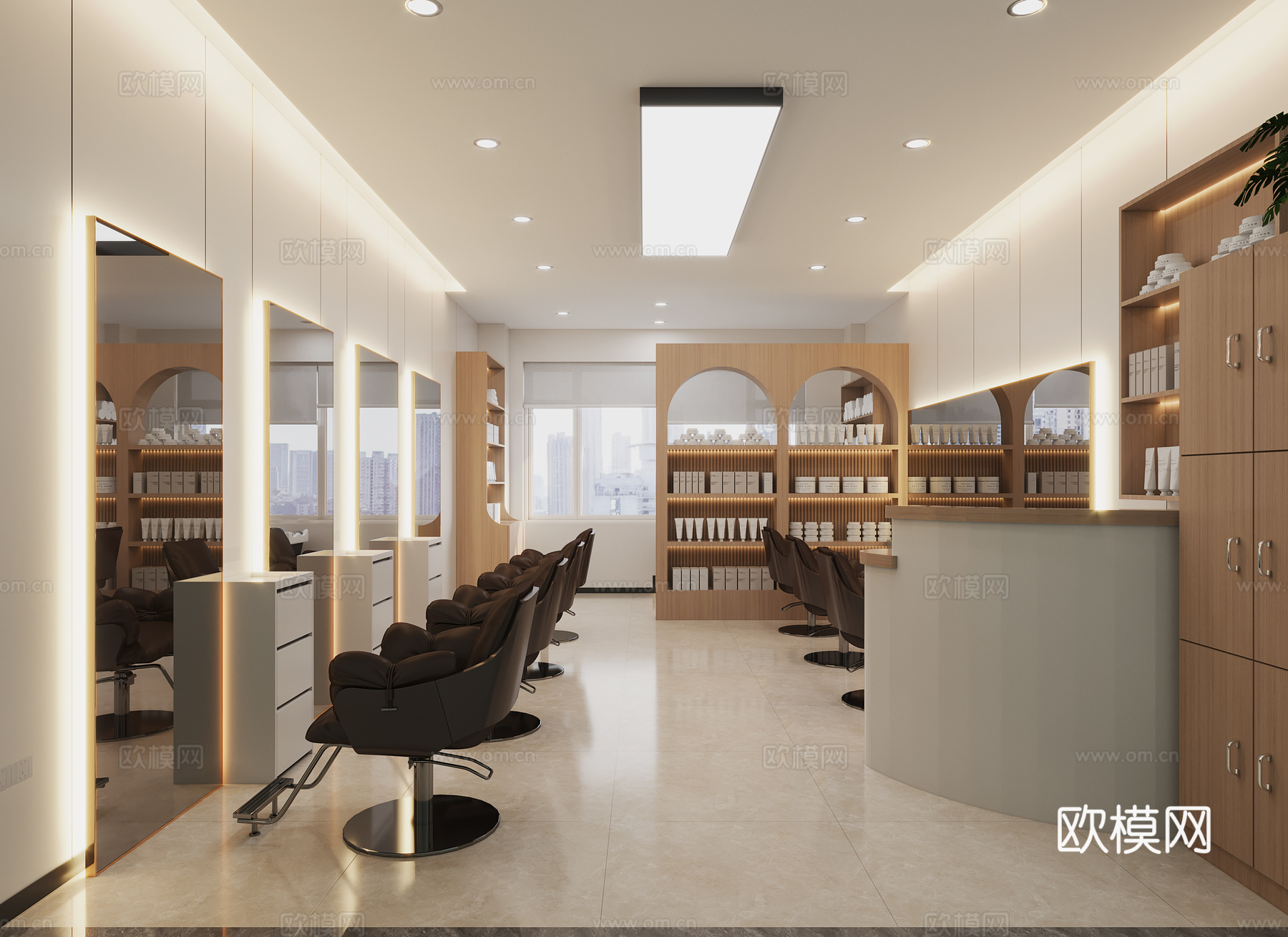 现代原木风理发店3d模型下载（渲染图2）