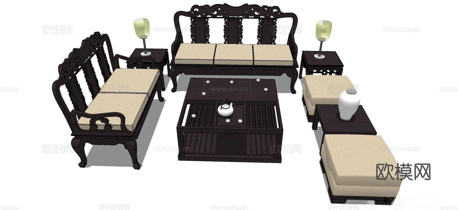 实木沙发 多人沙发 沙发 组合沙发su模型
