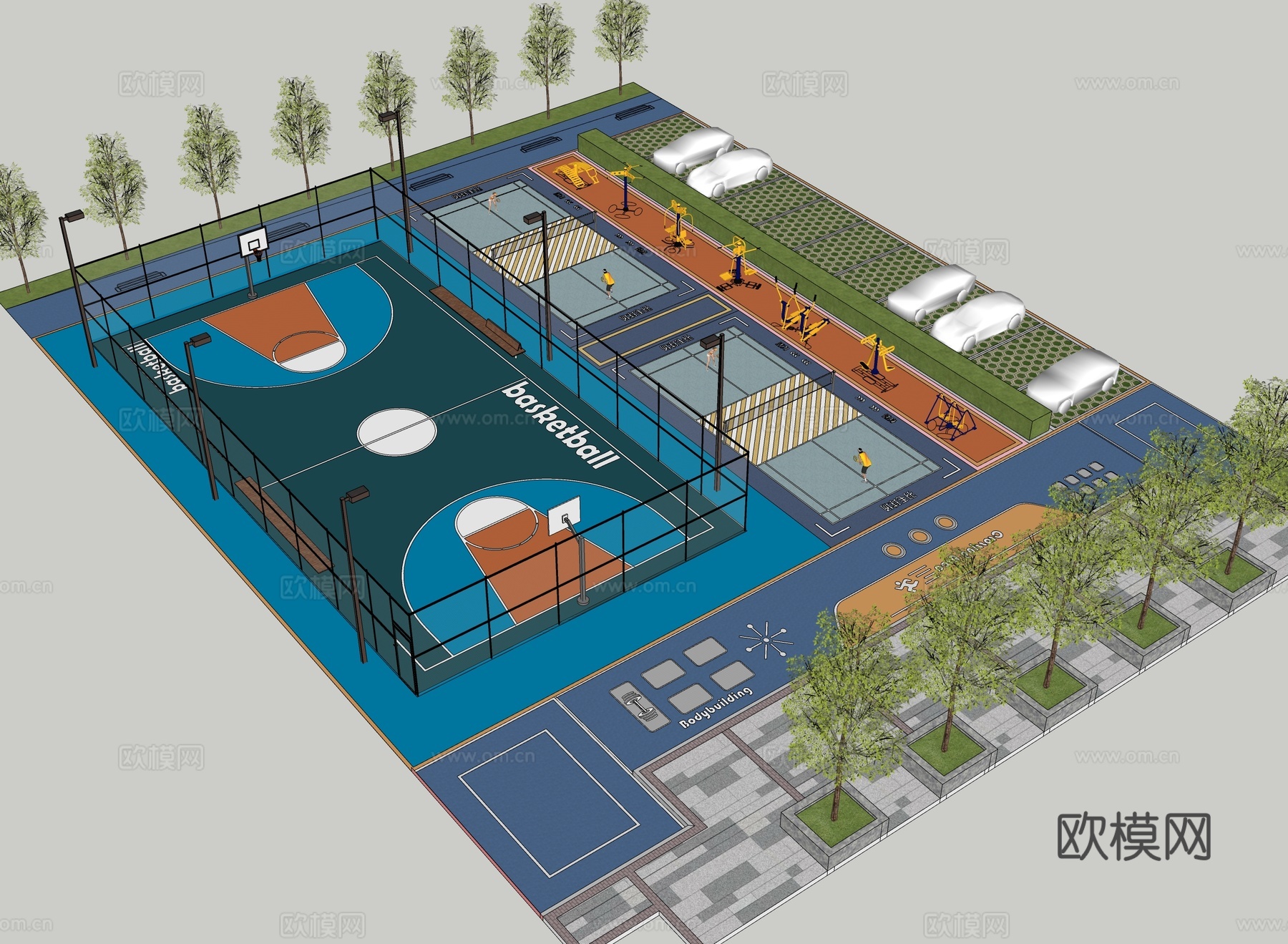 现代篮球场 小区活动广场 排球场su模型