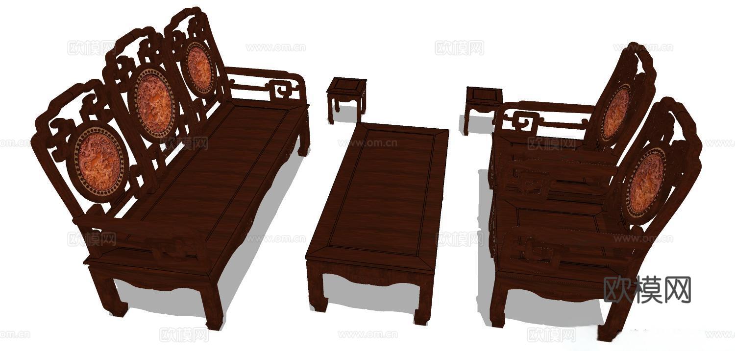 实木沙发 多人沙发 沙发 组合沙发su模型