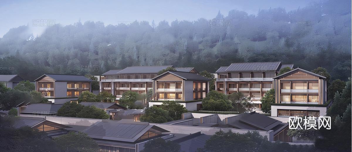 新中式豪华山地酒店 山地民宿su模型