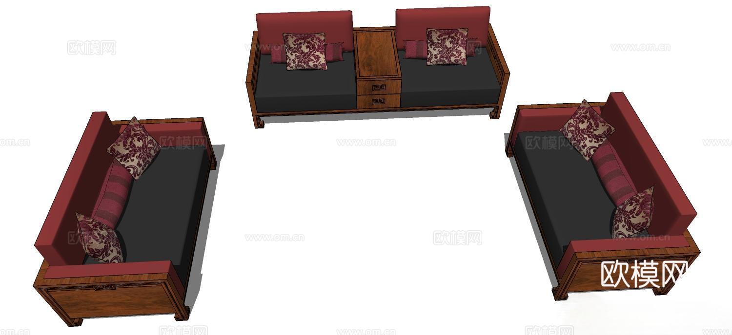 实木沙发 多人沙发 沙发 组合沙发su模型
