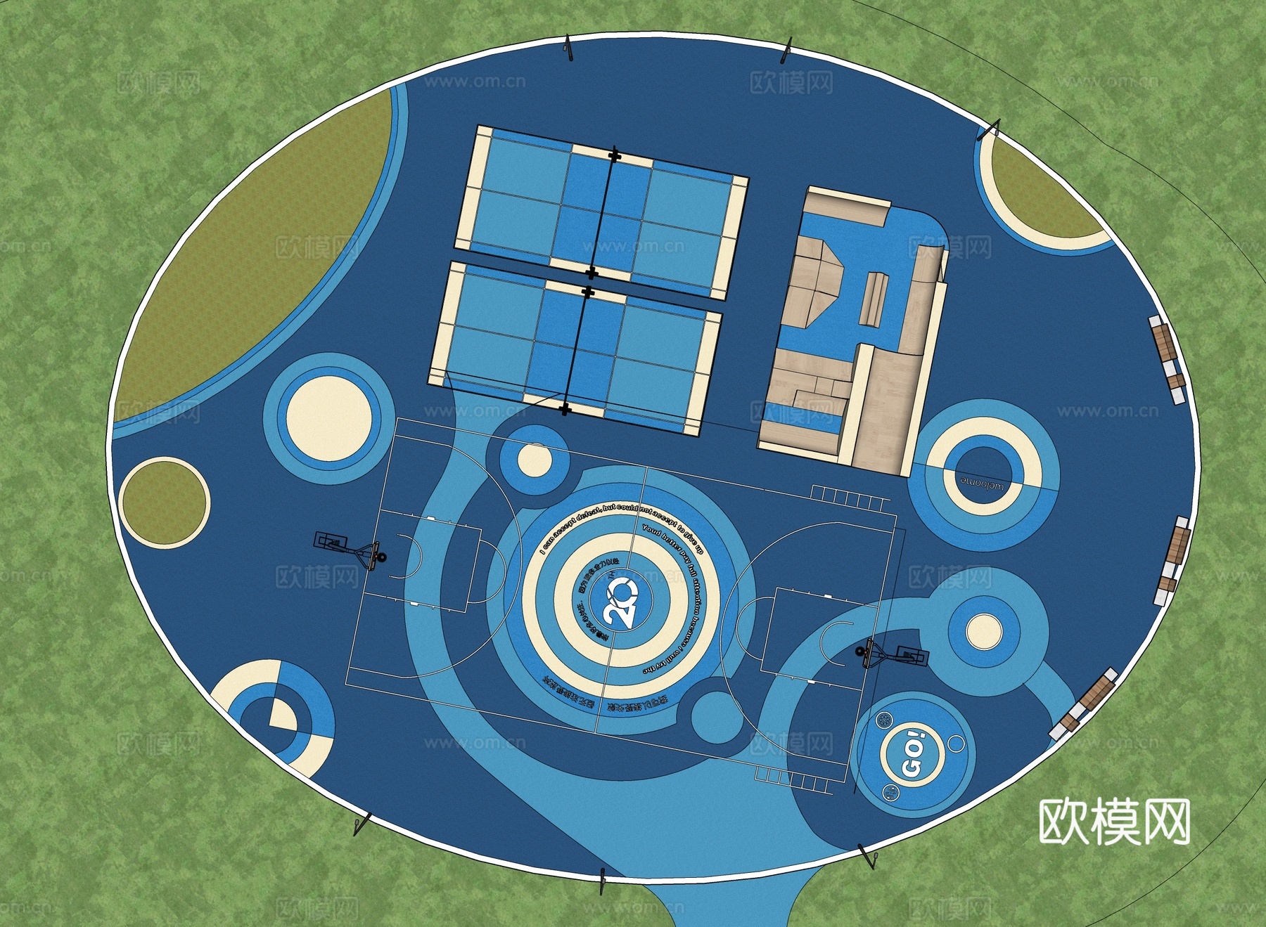 现代篮球场  户外篮球场su模型