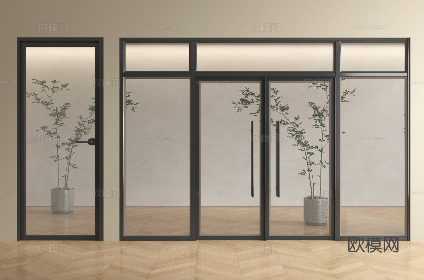 现代双开玻璃门 单开玻璃门 办公室玻璃门su模型