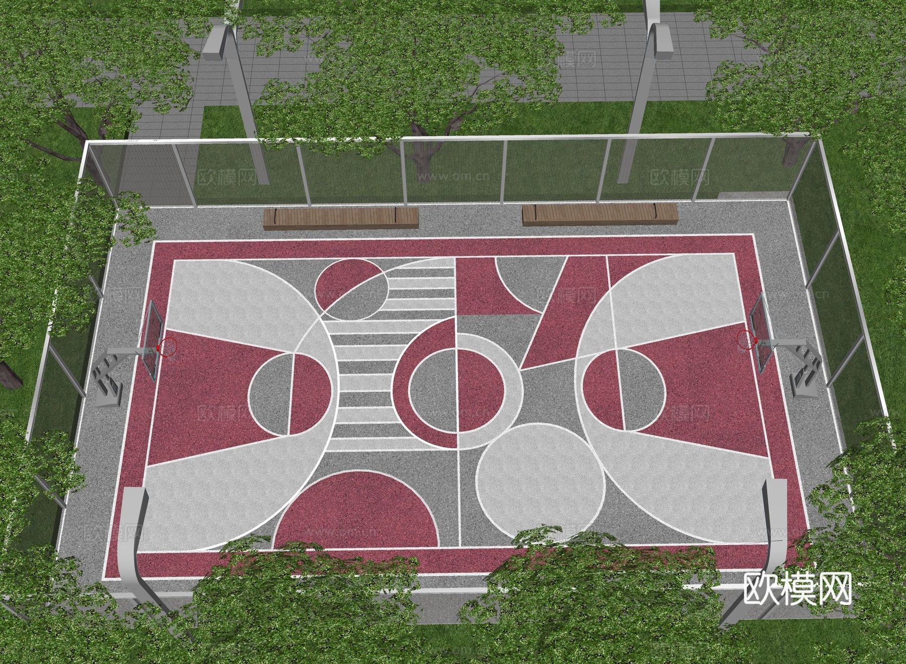 现代户外篮球场 公园篮球场su模型
