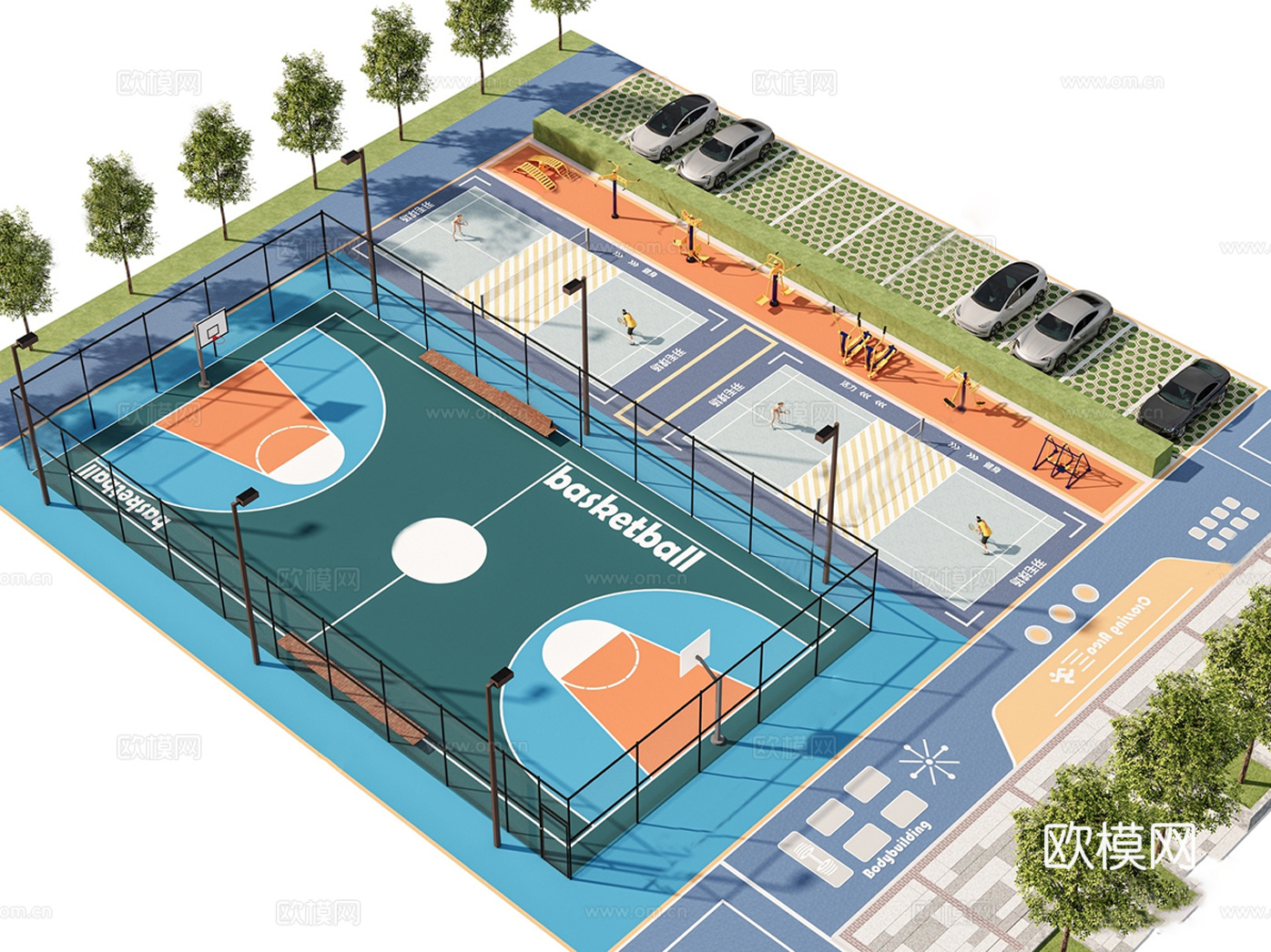 现代篮球场 小区活动广场 排球场su模型