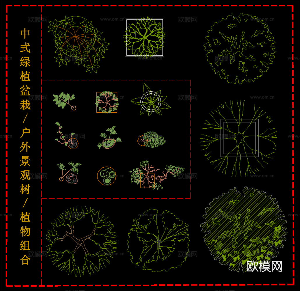 中式绿植盆栽 户外景观 树木 植物组合平面图cad施工图
