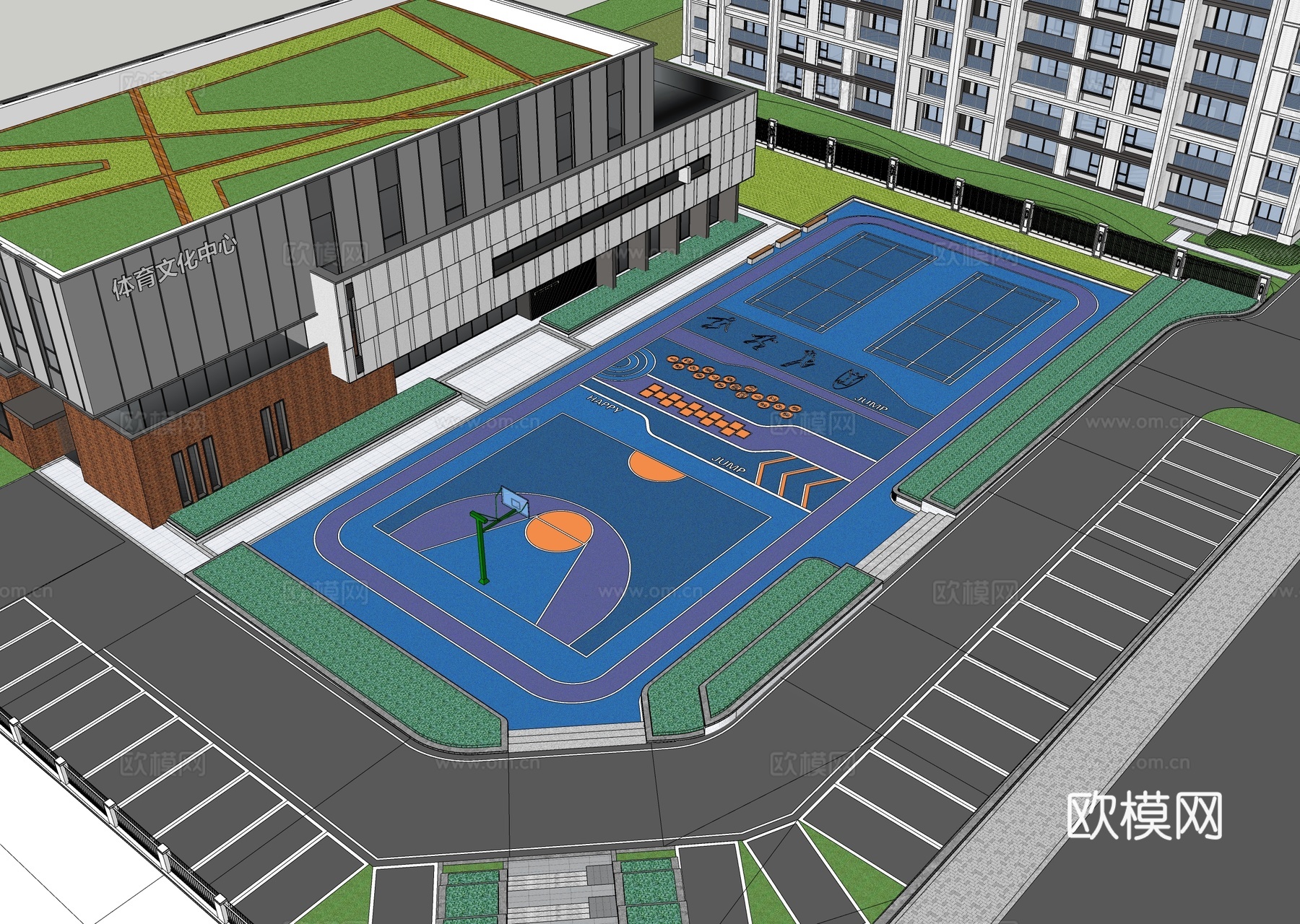 现代社区运动场地 小区篮球场 运动健身su模型