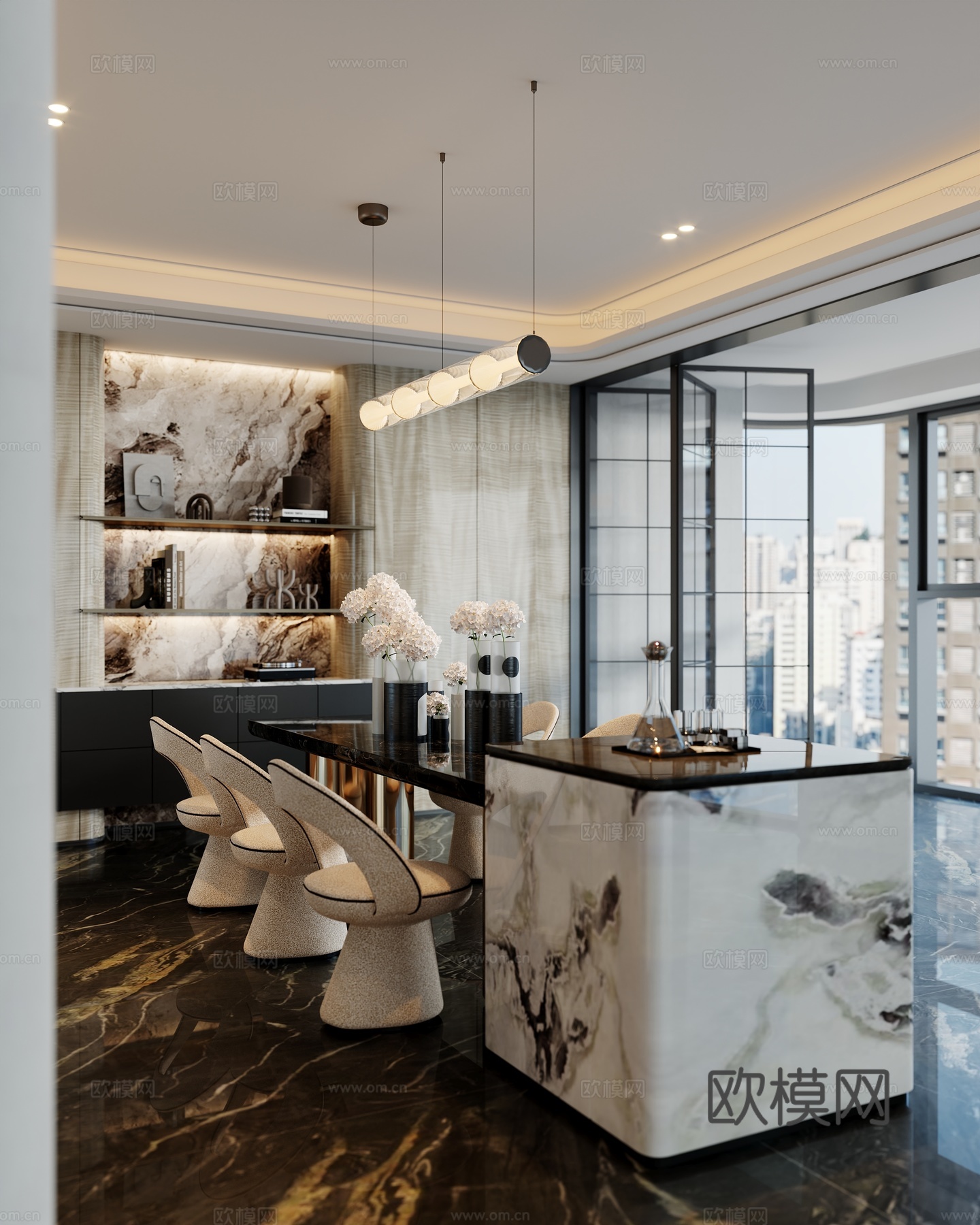 现代餐厅 岛台餐厅 餐桌椅 餐椅 吊灯 餐柜su模型