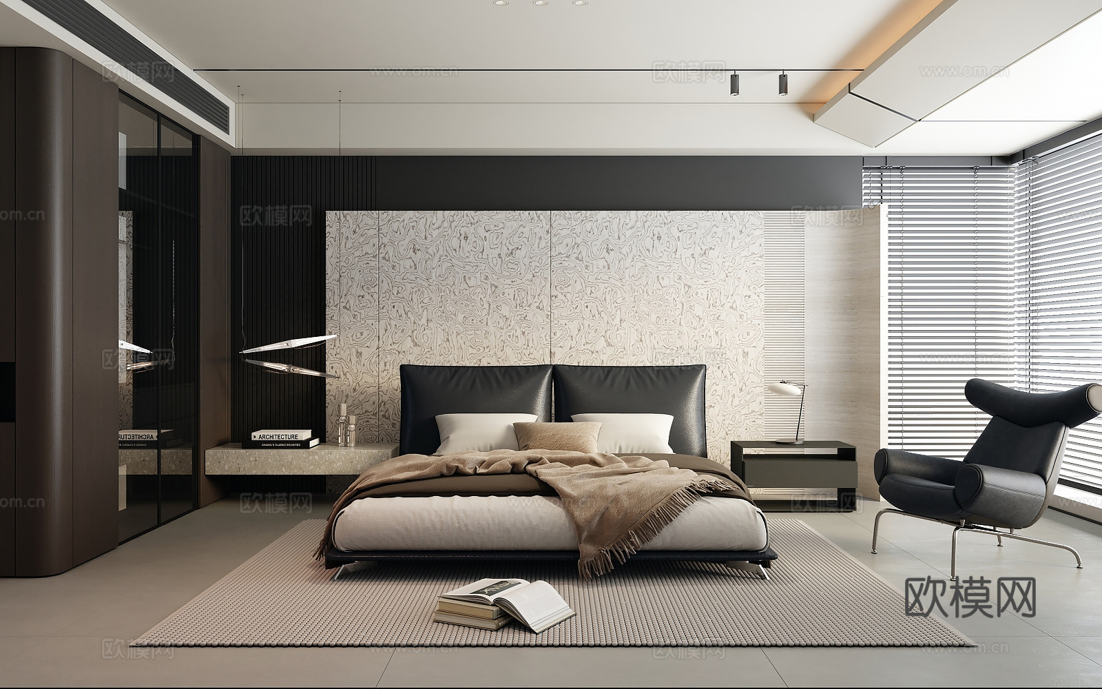 现代黑白灰卧室 极简暗黑卧室 现代意式卧室 皮革单椅皮革床具su模型
