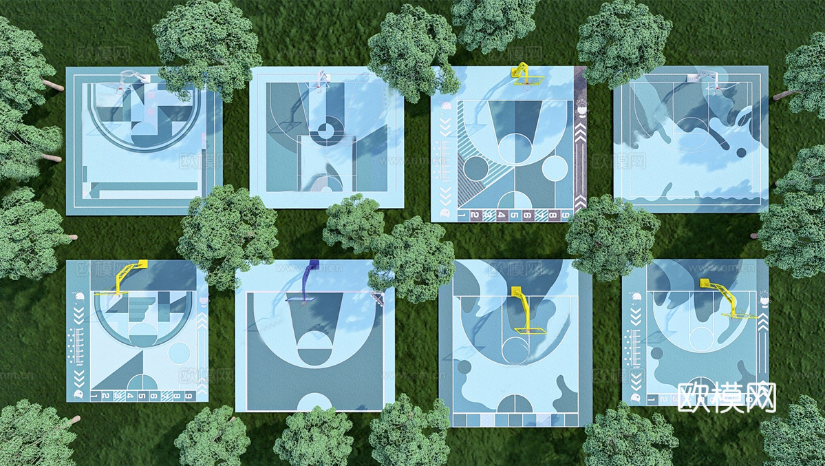 现代篮球场 艺术篮球场 半场篮球场su模型