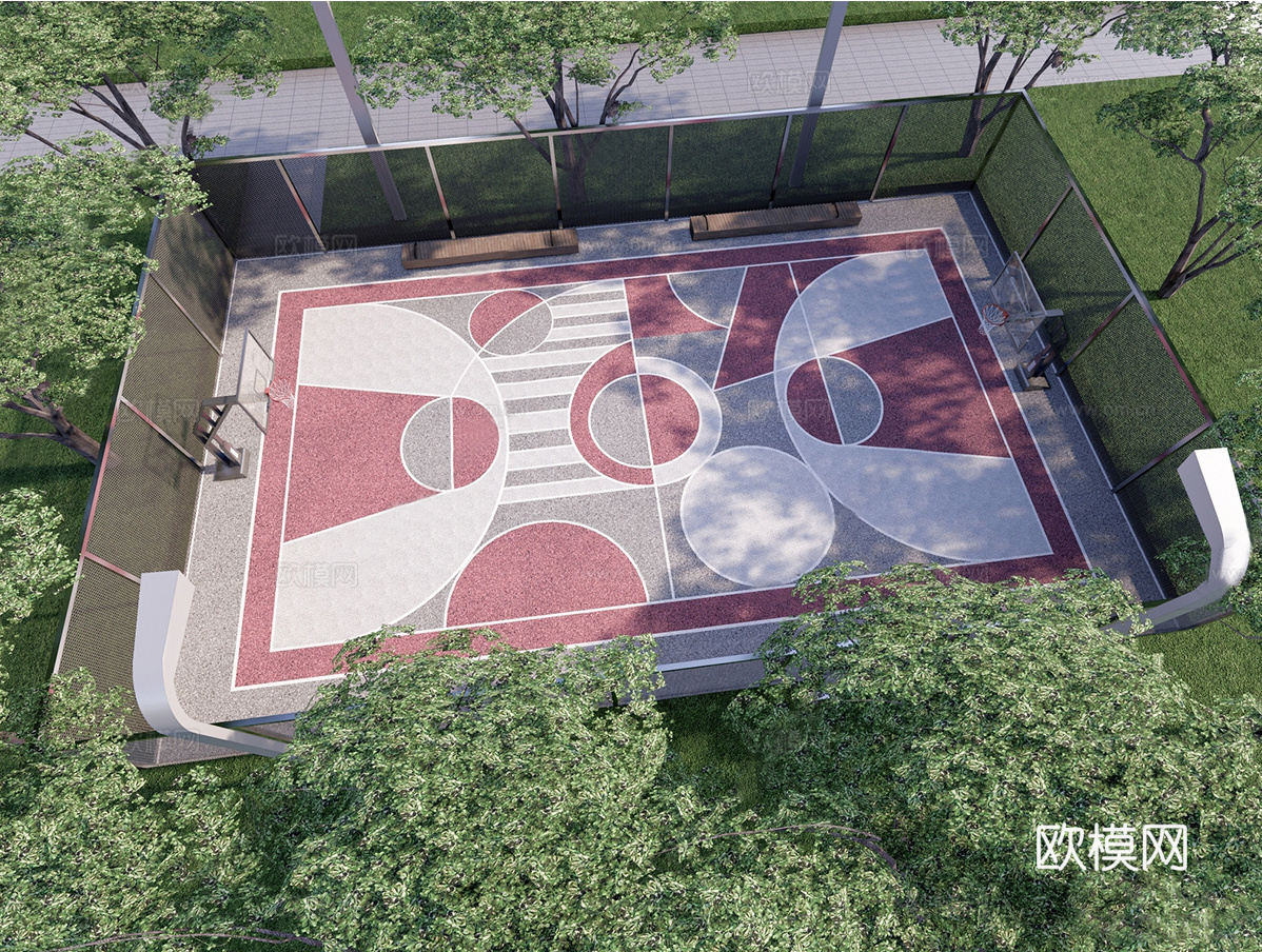现代户外篮球场 公园篮球场su模型