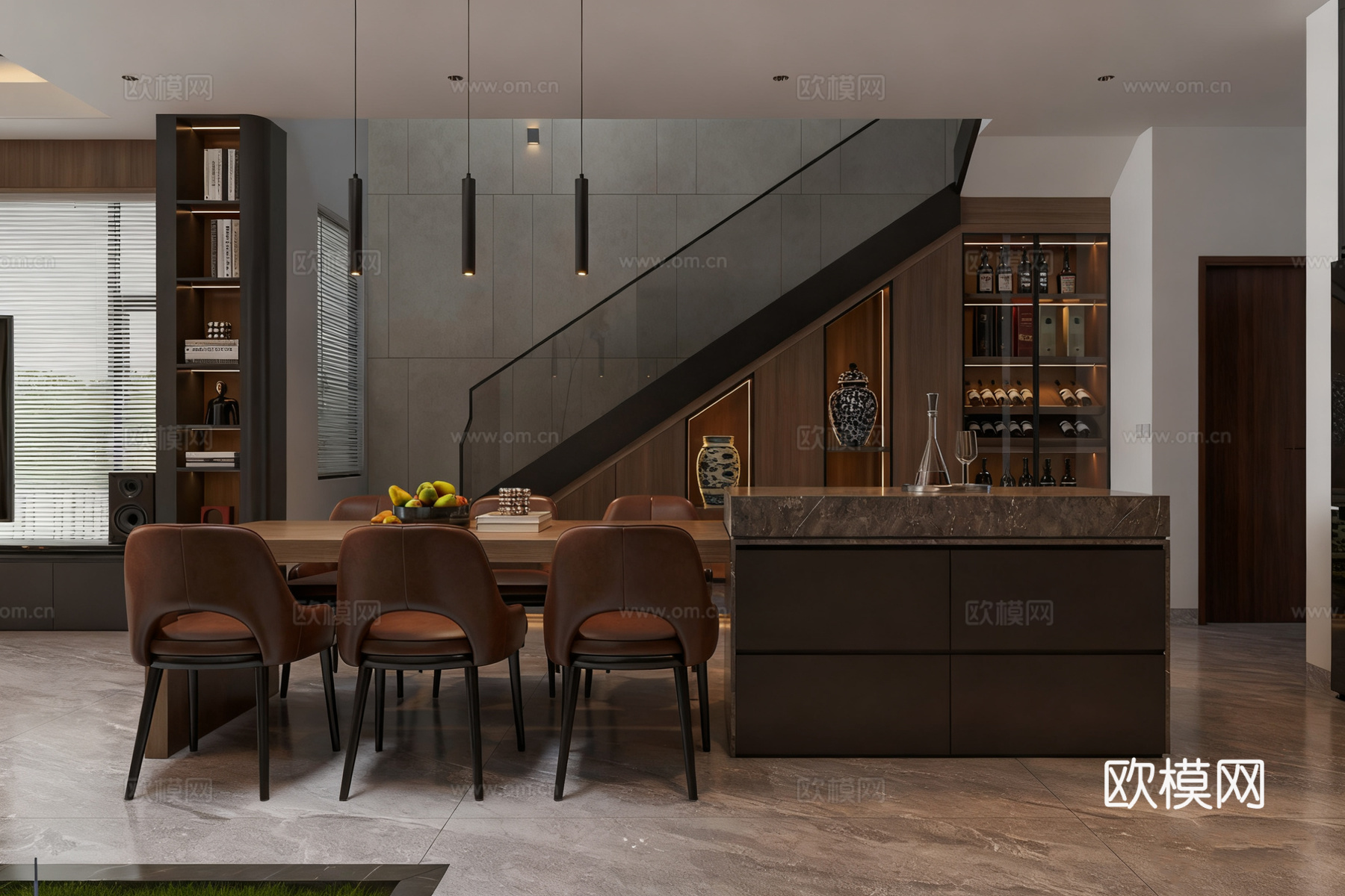 现代简约客厅全案 开放式客餐厨一体 大平层豪宅su模型