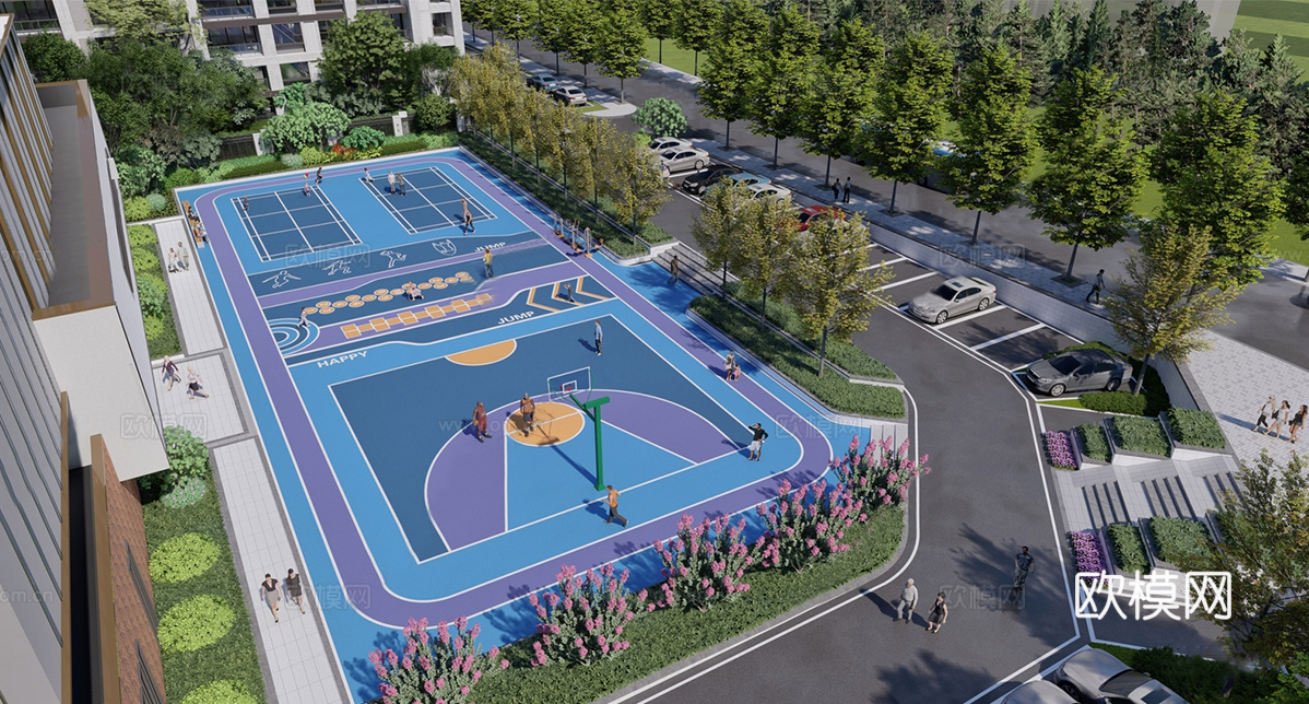 现代社区运动场地 小区篮球场 运动健身su模型