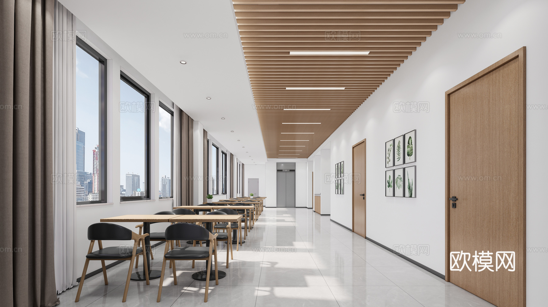 现代极简食堂 餐厅 活动室 食堂明档 餐桌椅 铝方通su模型