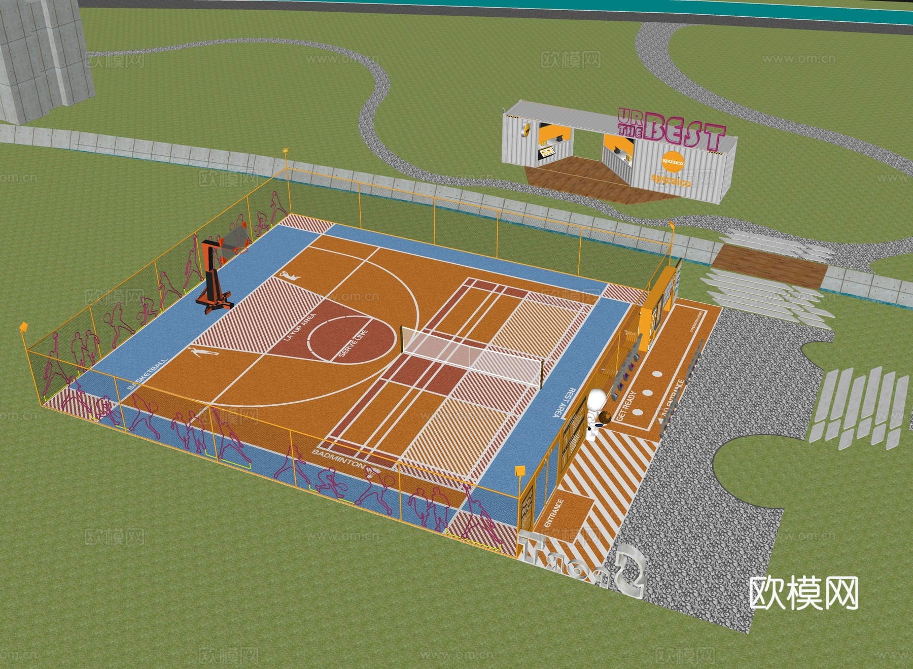 现代篮球场 口袋公园su模型
