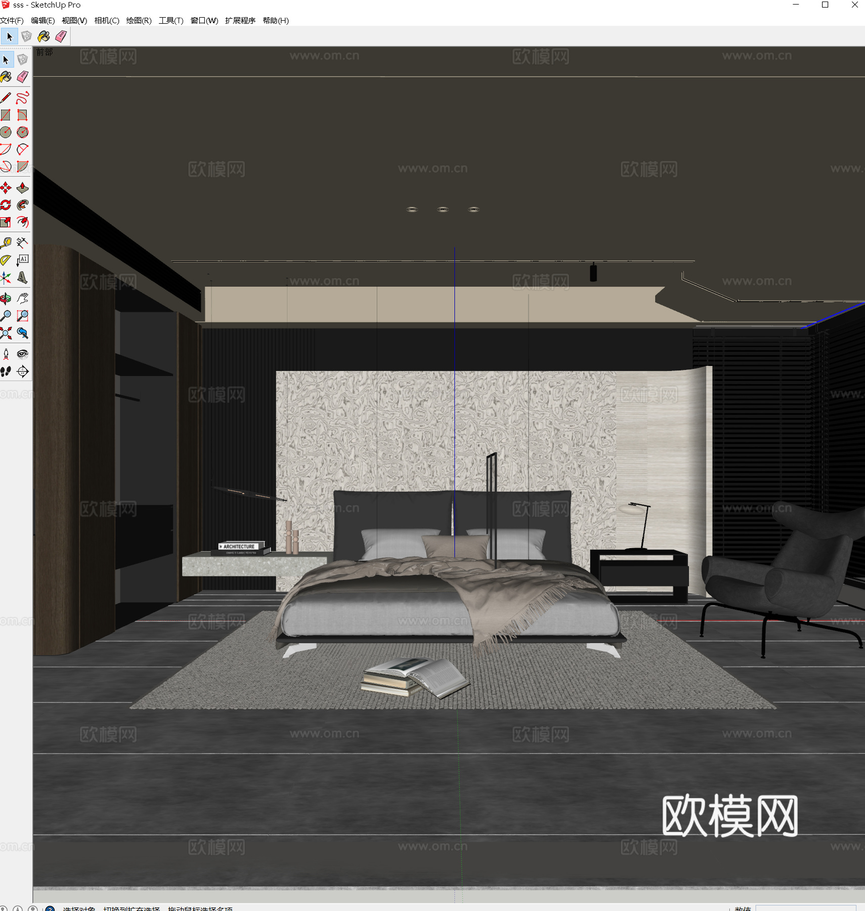 现代黑白灰卧室 极简暗黑卧室 现代意式卧室 皮革单椅皮革床具su模型