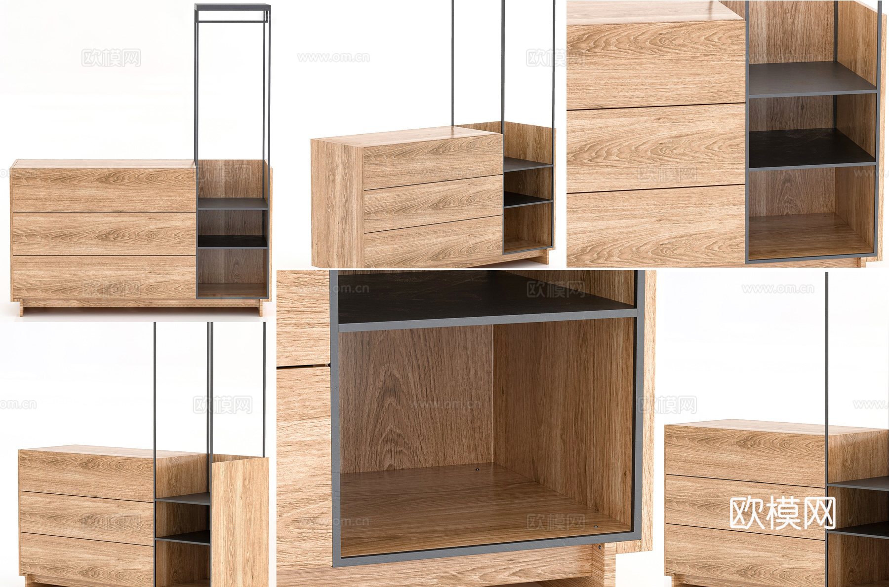 现代实木五斗柜 创意北欧五斗柜 实木卧室储物柜 斗柜衣架组合su模型