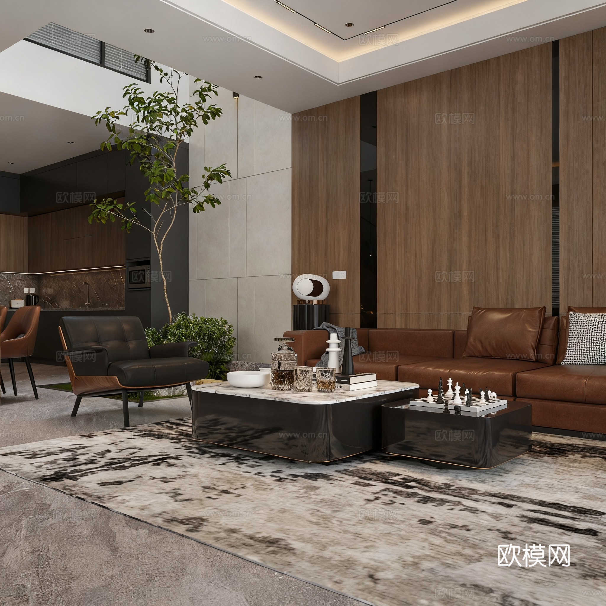 现代简约客厅全案 开放式客餐厨一体 大平层豪宅su模型