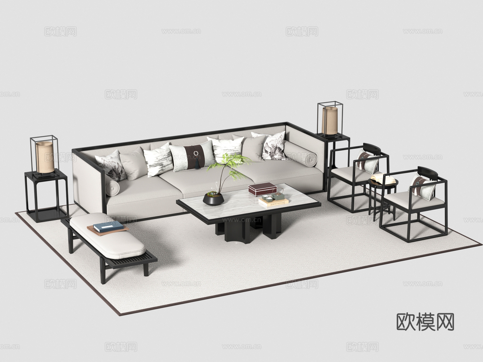 新中式沙发茶几组合3d模型下载