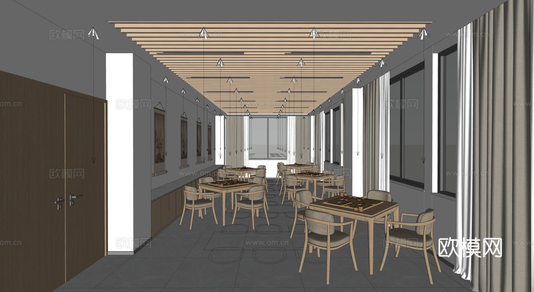 现代极简其他文化空间 老年人日间照料 日间照料中心 棋牌室su模型