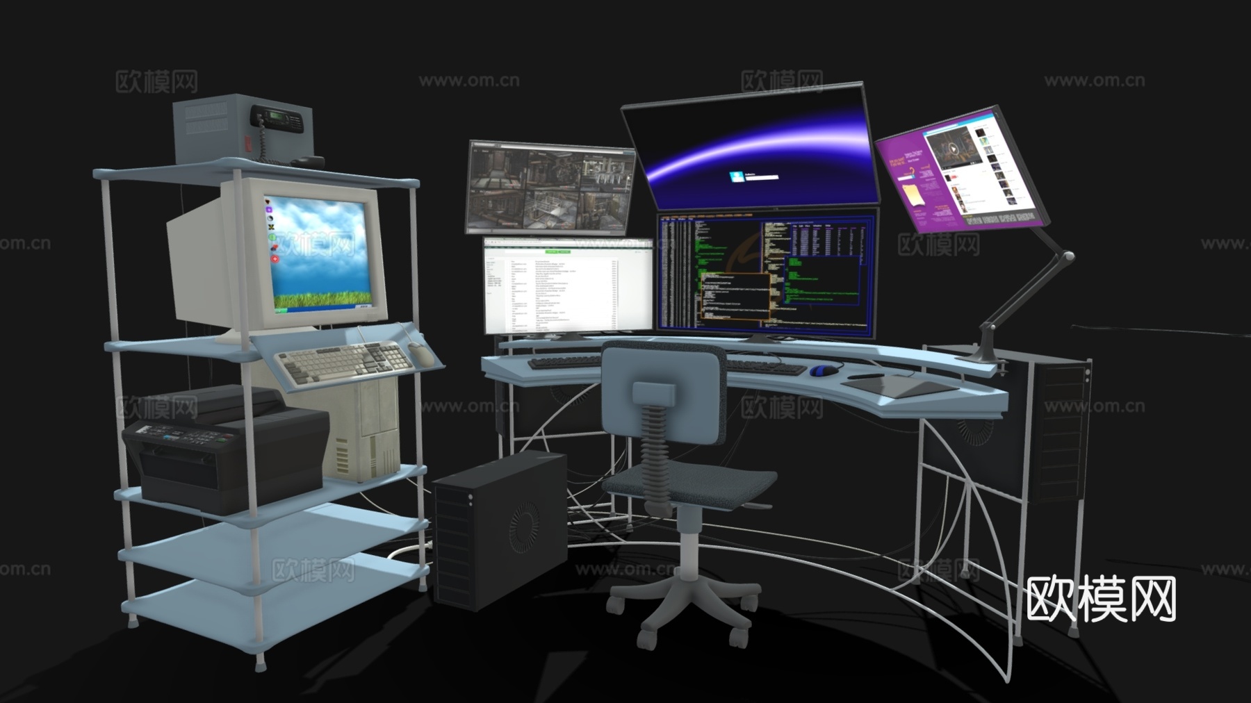 现代工作台 多屏幕操作台 炒股工作台 电脑屏幕su模型