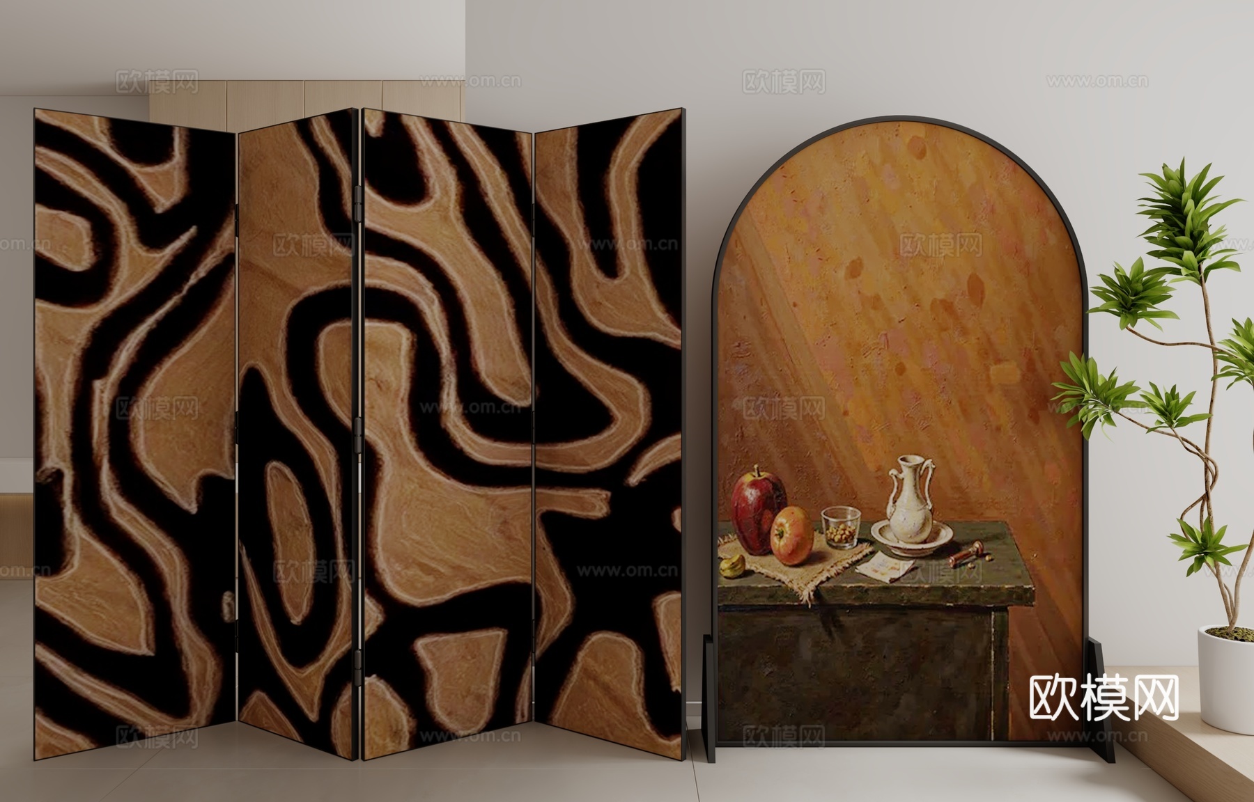 现代中古风屏风3d模型下载