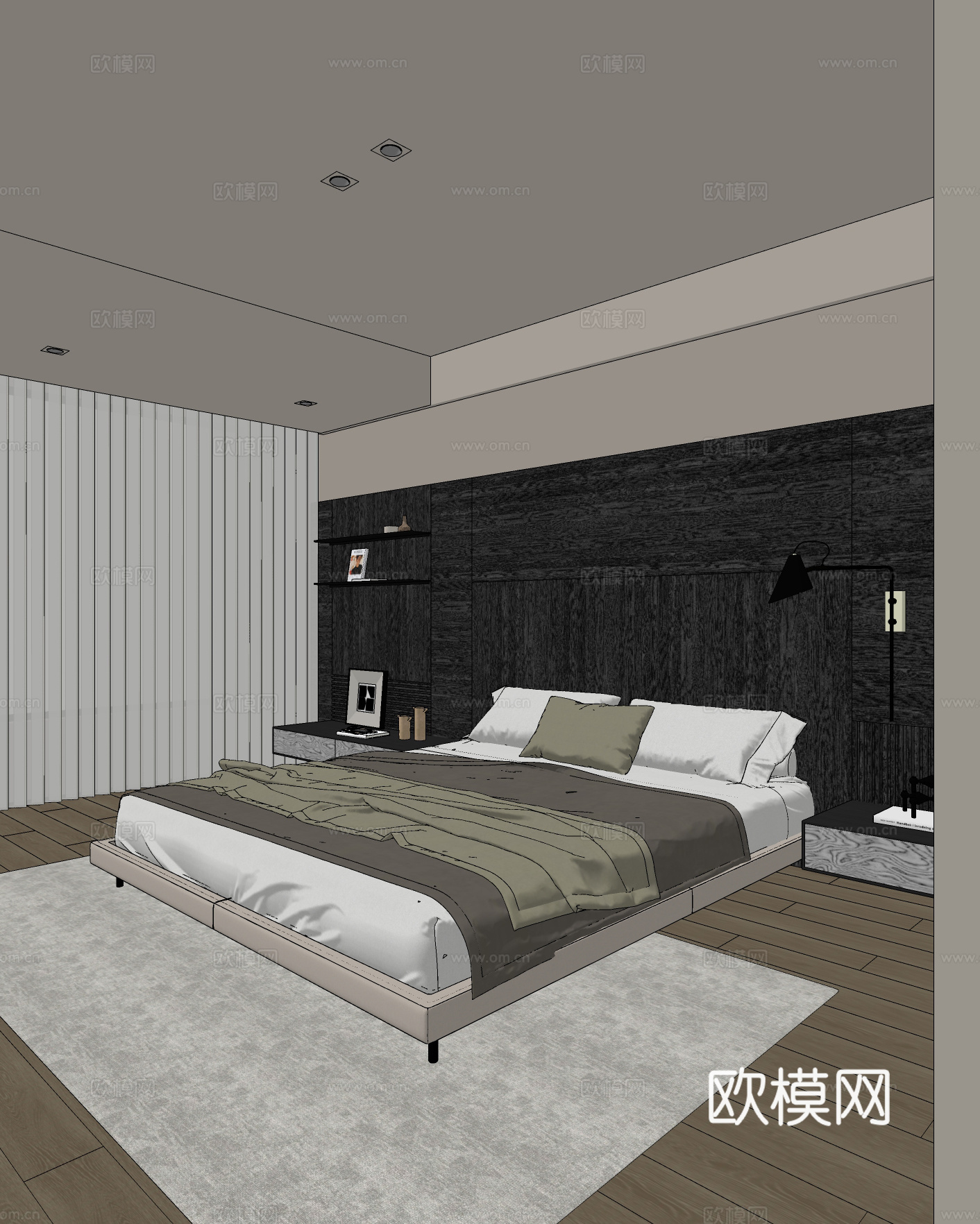 现代卧室 双人床 主卧 次卧 壁灯 饰品摆件su模型