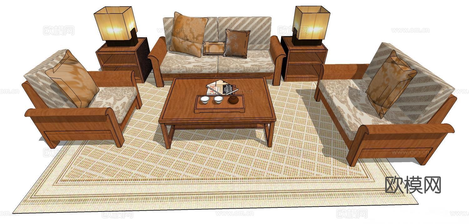实木沙发 多人沙发 沙发 组合沙发su模型