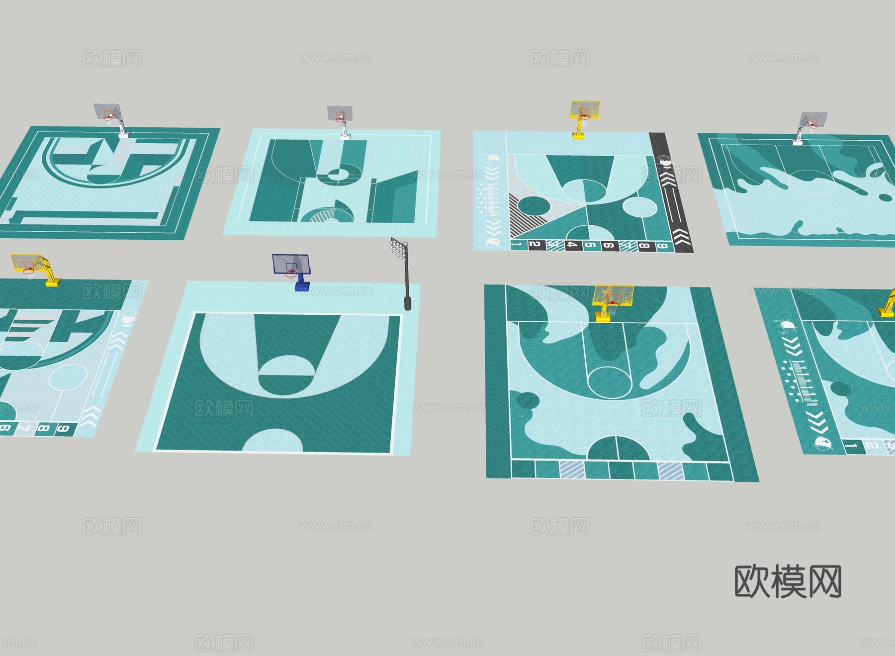 现代篮球场 艺术篮球场 半场篮球场su模型