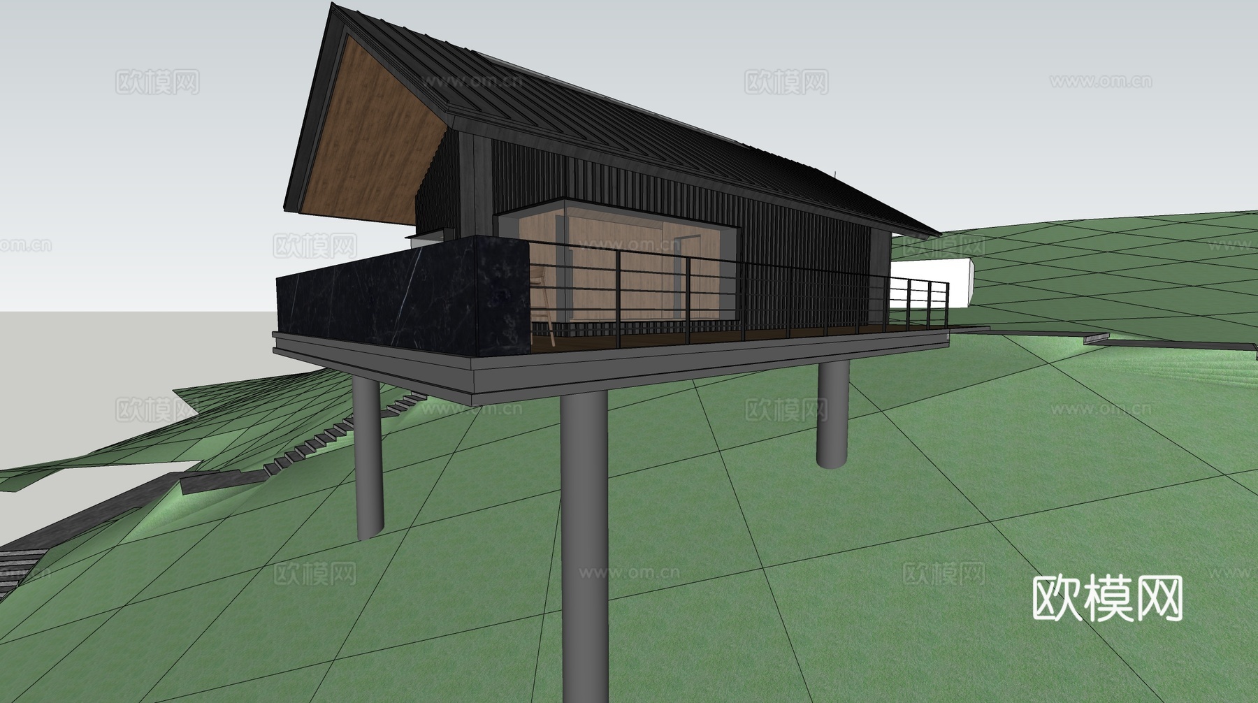 现代民宿建筑 木制 异形su模型