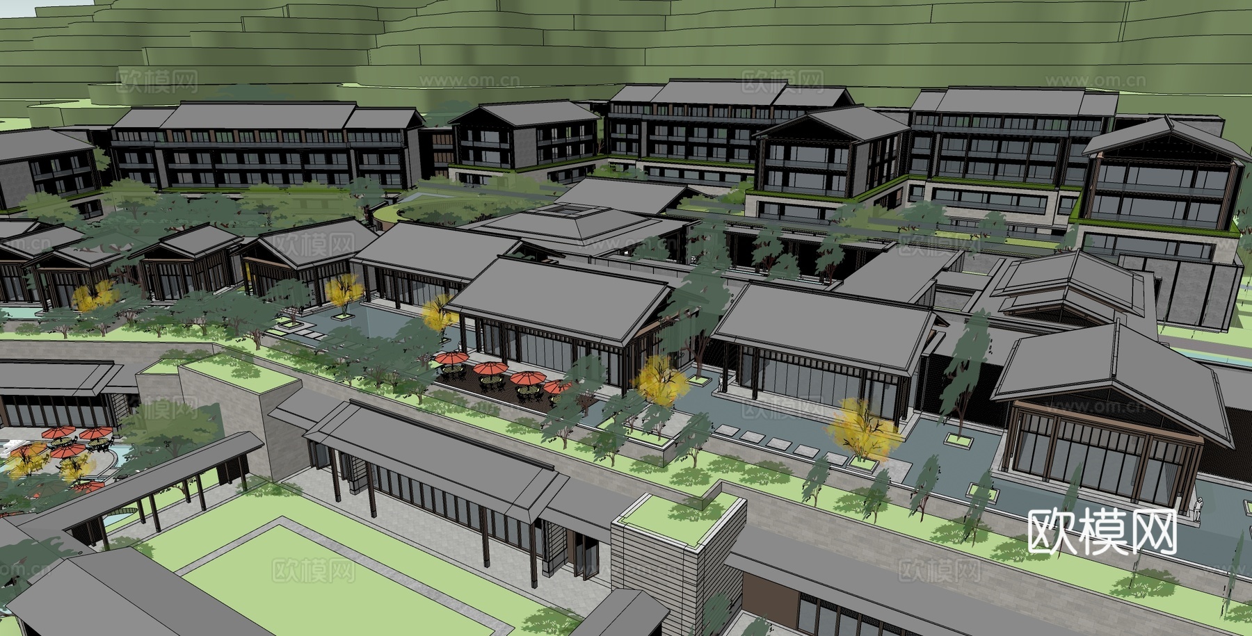 新中式豪华山地酒店 山地民宿su模型