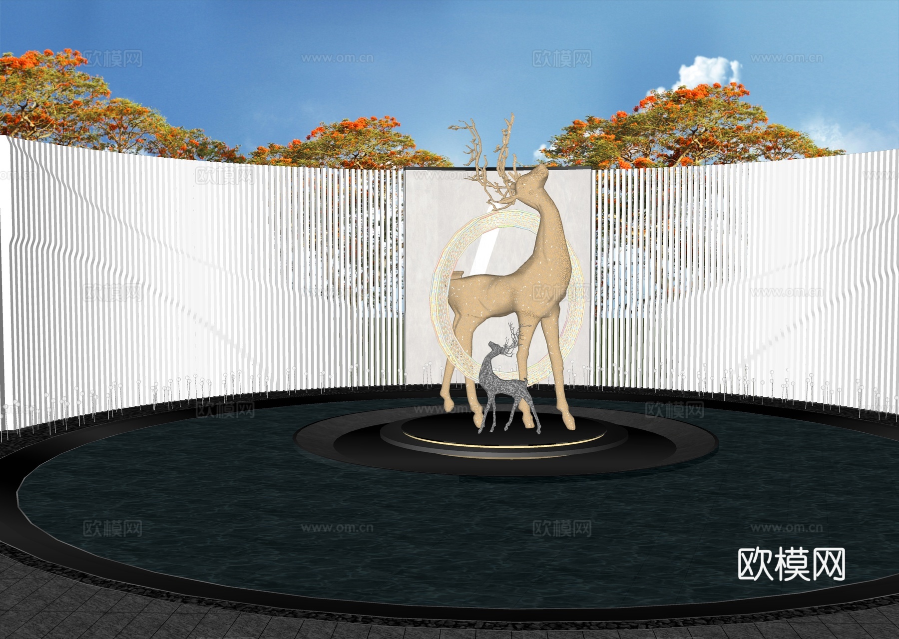 现代景观鹿雕塑小品 有水景su模型