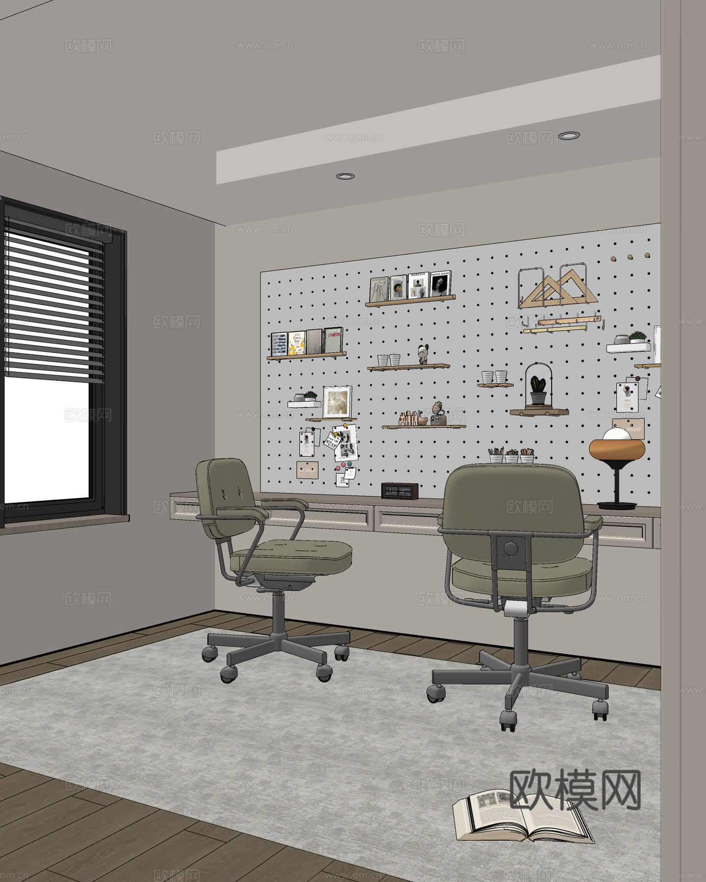 现代儿童书房 办公椅 转椅 洞洞板 饰品摆件su模型
