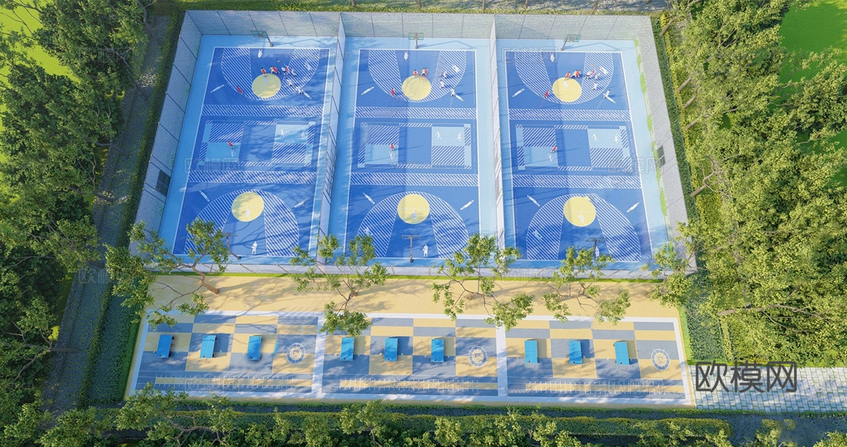 现代运动篮球场 标准篮球场su模型